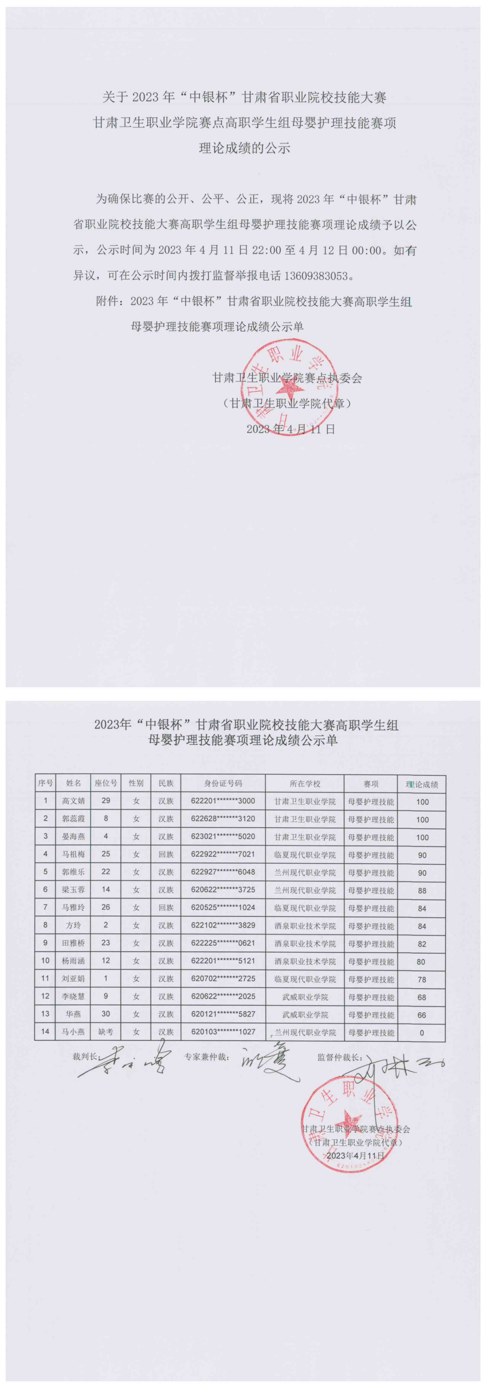 02关于2023年“中银杯”甘肃省职业院校技能大赛红足1—世足球网赛点高职学生组母婴护理技能赛项理论成绩的公示.png